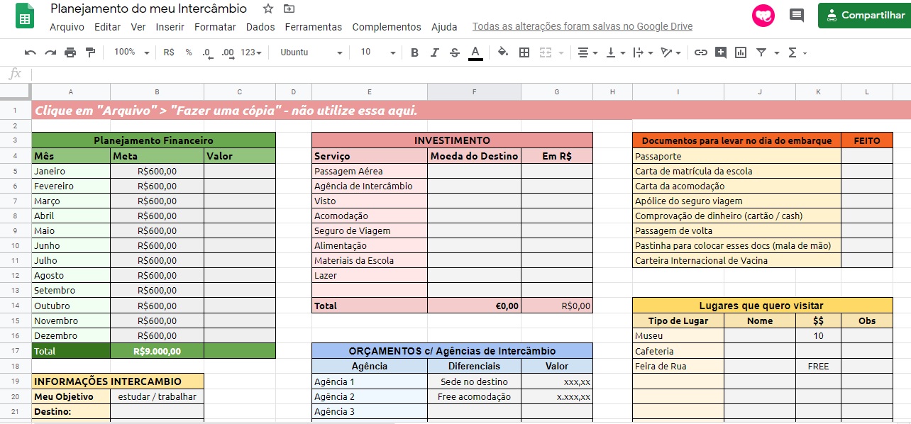 Planilha para Planejamento de Viagem - Foco na Produtividade